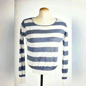 THEORY White Blue Nautical Stripe Light Linen Viscose Boatneck Sweater Medium